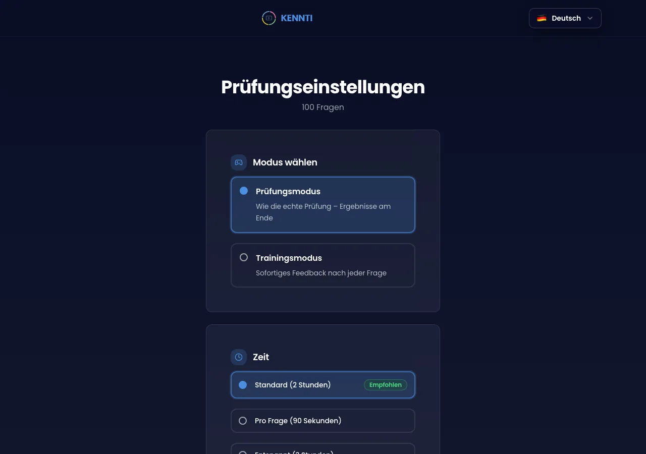 Prüfungstraining: Auswahl zwischen Prüfungsmodus und Trainingsmodus